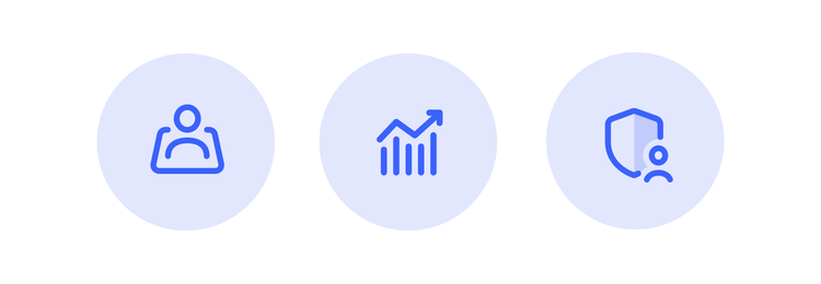 Three icons depicting customer targeting, future trends, and customer loyalty.