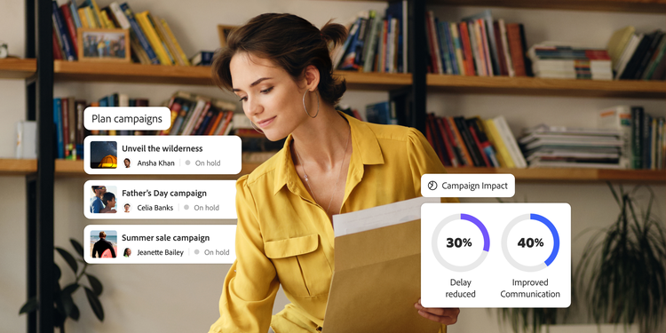 Woman in a yellow blouse holding an envelope, with digital overlays showing campaign impact metrics in a book-filled room.