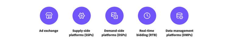 Icons representing ad exchange, supply-side platforms, demand-side platforms, real-time bidding, and data management platforms.