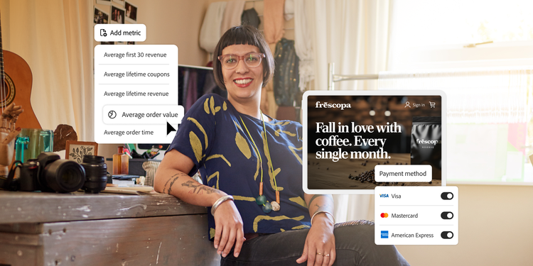 A woman with glasses sits at a desk with personal items, smiling confidently. A digital overlay shows e-commerce metrics and a coffee subscription website mockup with payment options.