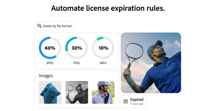 Tennis player thumbnail marked expired beside dashboard showing file formats and license automation.