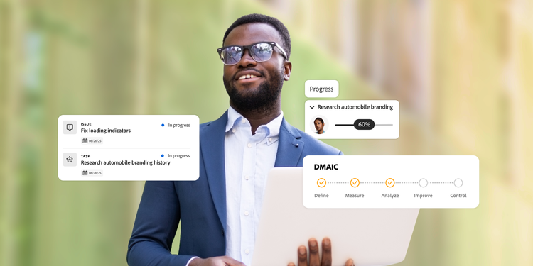 Illustration of the five-step DMAIC process, including the in-progress tasks.