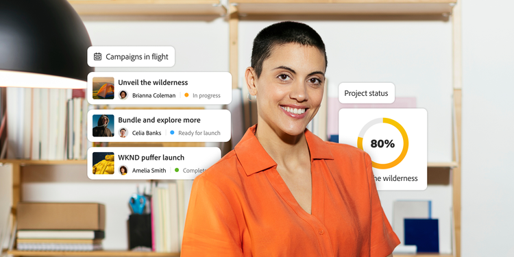 Person in an office, with overlays of in progress campaigns and project status.