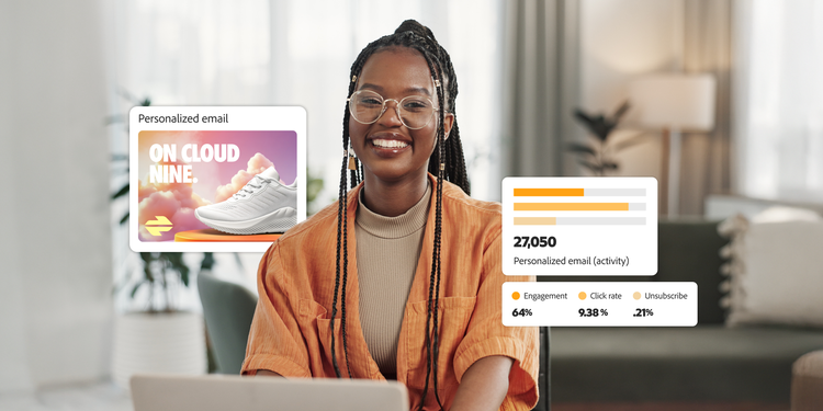 Person working on a laptop with digital overlays showing a personalized sneaker ad and email campaign performance metrics.