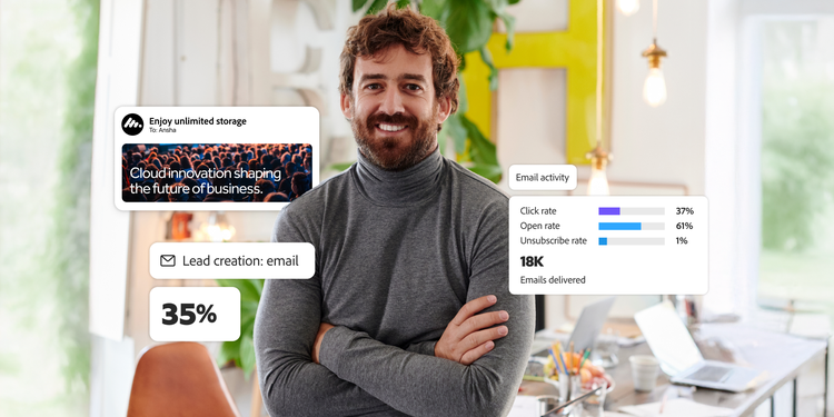 Man in a modern workspace with digital overlays showing email campaign performance metrics and a cloud storage promotion.