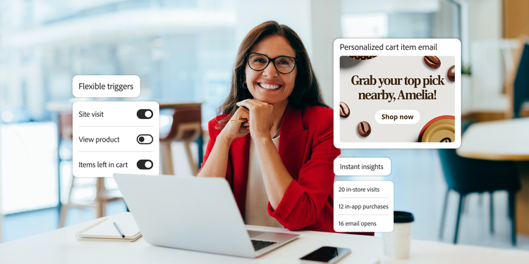 A woman at a desk with a laptop, with overlays showing marketing triggers, a personalized cart email, and instant engagement insights.