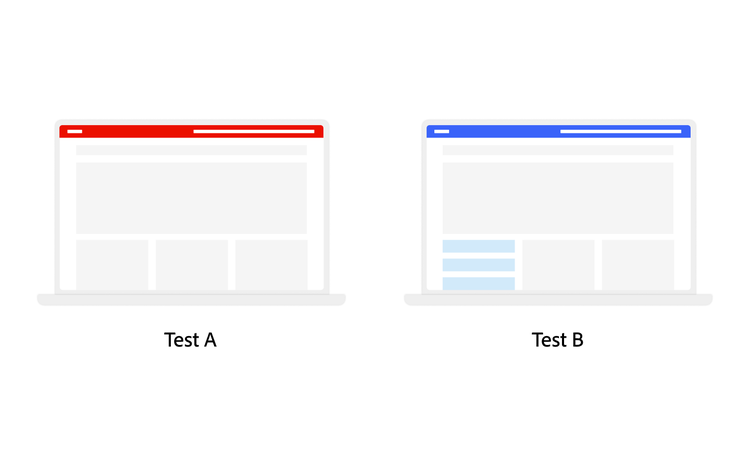 Graphic representation of A/B testing process screens.