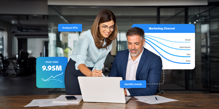 Image of woman and man in front of a laptop overlain with sales funnel metrics