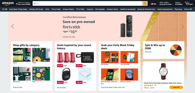 Amazon's website shows the consumer personalized product recommendations using retail personalization.