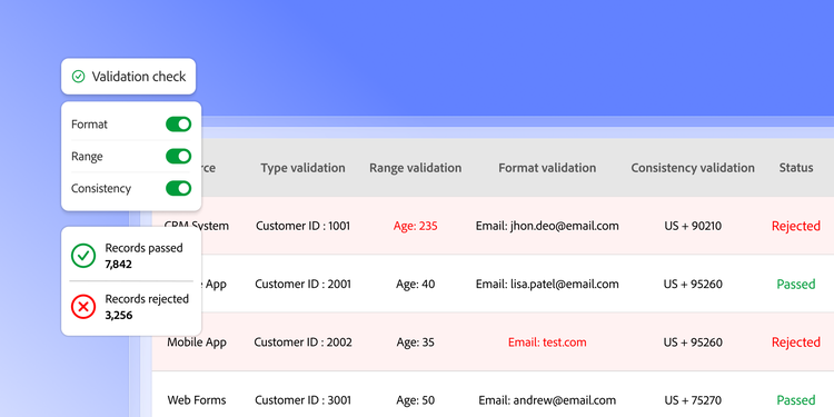 Data validation interface displaying customer records, validation rules, and pass/fail outcomes for data quality checks.