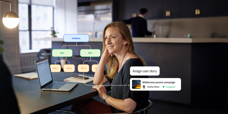 Woman sitting at a laptop with overlays of agile epic chart for a wilderness promo campaign.