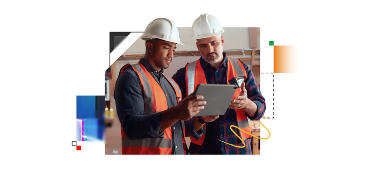 Two workers look at an iPad to learn about the 5S methodology for Lean manufacturing.