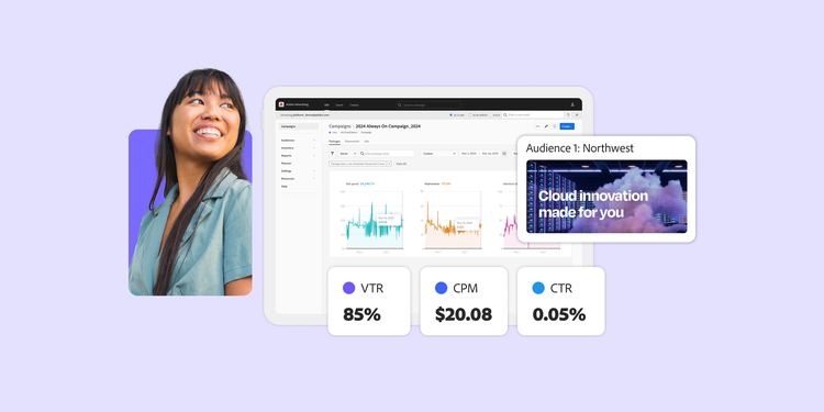 Marquee image with a woman smiling against a purple background. Overlaid with UI elements of Adobe Advertising with campaign performance metrics.
