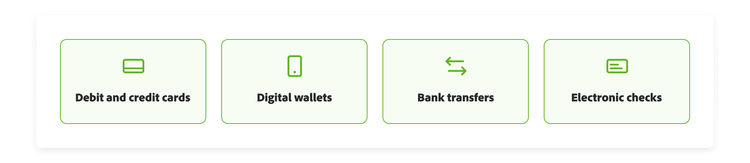 Illustrations of types of payment methods, including debit and credit cards, digital wallets, bank transfers, and electronic checks.