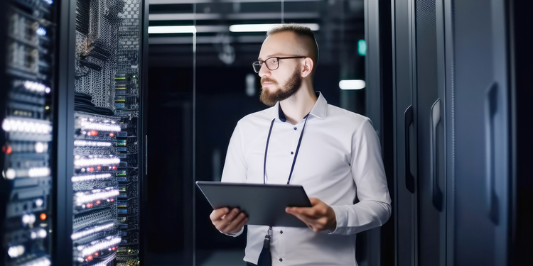 Man in glasses and white shirt holding a tablet in a server room, looking at illuminated racks in a modern data center.