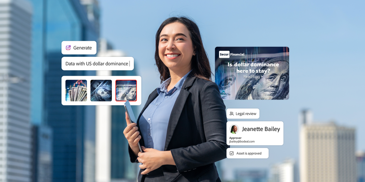 Smiling professional holding tablet with finance-themed overlays, including article preview, legal review, and approver profile.