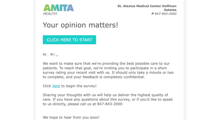 Amita Health's personalized service follow-up