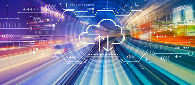 Cloud computing abstraction with icons and data overlays