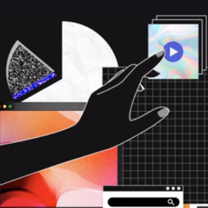 Graphic visualisation of a hand pressing the play button on a video surrounded by other 'digital' graphics