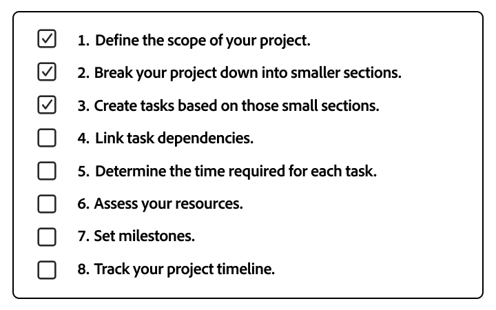 Infographic displaying a step-by-step checklist for creating project timelines across industries.