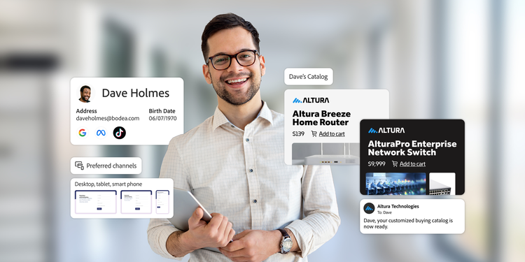 A person being targeted with personalized messaging based on their profile and preferred channels.