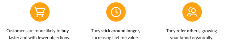 Three orange icons highlighting benefits of a seamless digital CX. Customers are more likely to buy. They stick around longer. They refer others.