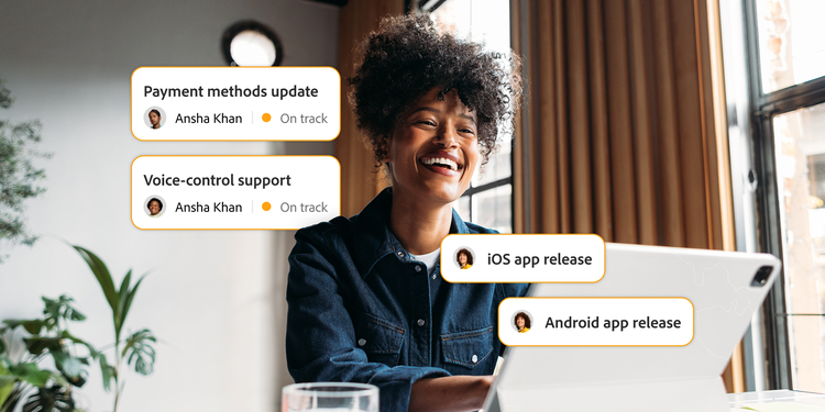 Woman in an office, using a tablet. Overlaid with project plan elements including payment method update, voice-control support, and iOS app release.