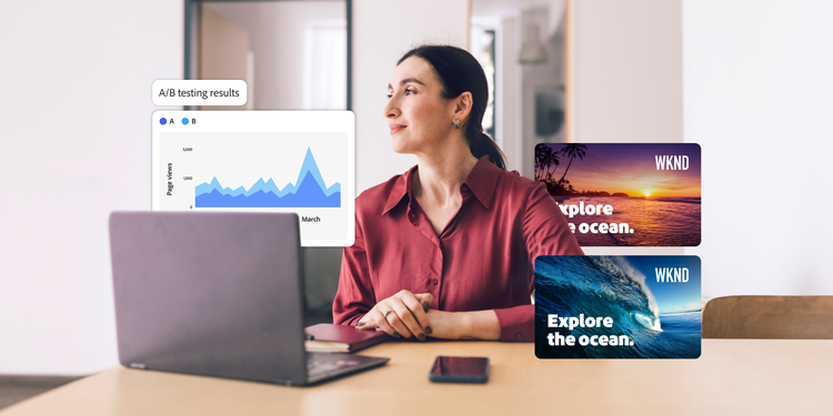 Marketer with A/B testing results chart and two travel ad variations.