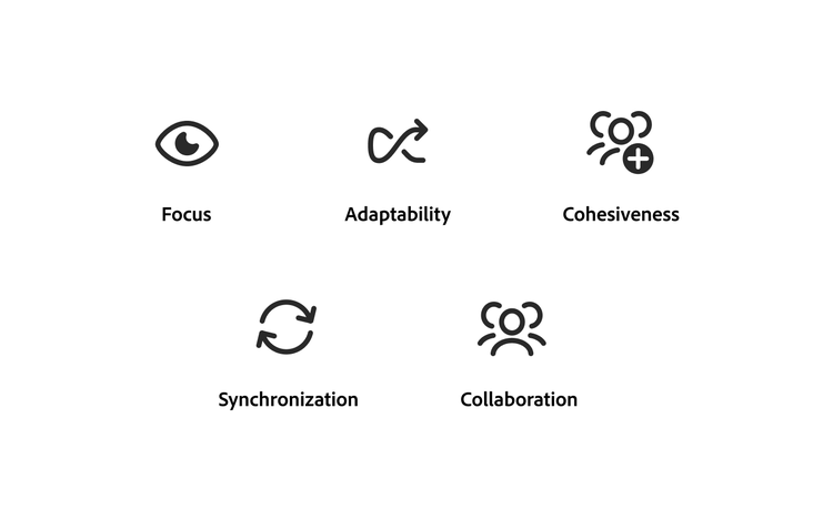 Five icons labeled Focus, Adaptability, Cohesiveness, Synchronization, and Collaboration.
