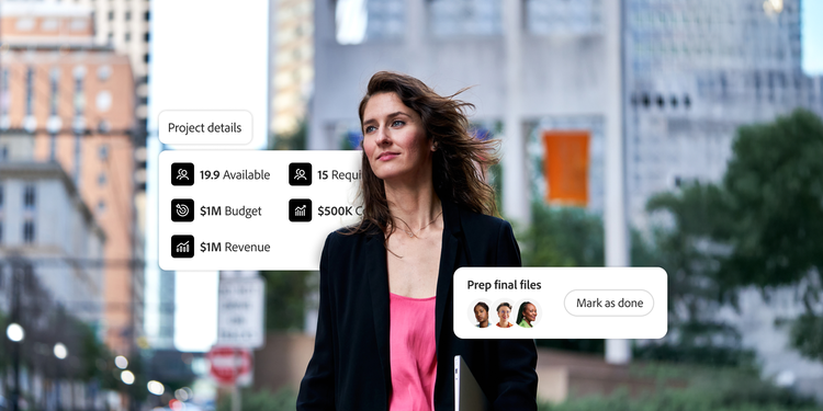 Woman standing outdoors with overlay of project details, budget, revenue information, and task assignment indicators.
