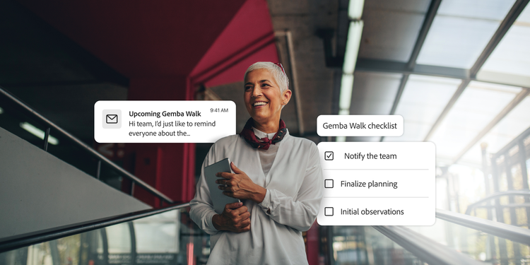 Woman holding a tablet on an escalator with floating graphics showing a Gemba Walk reminder message and a checklist.