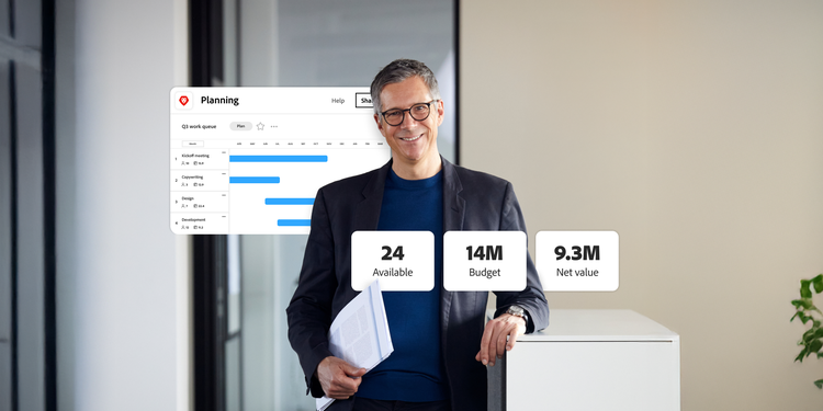 A man wearing a black blazer and glasses smiles as callouts show elements of a strategic plan in Adobe Workfront.