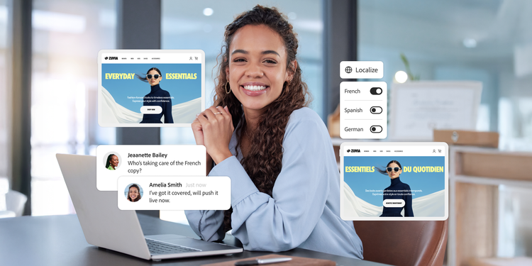 Smiling woman at desk with multilingual site toggles and chat confirming French copy is ready to publish.