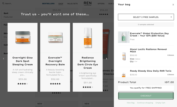 REN product recommendation pop-up