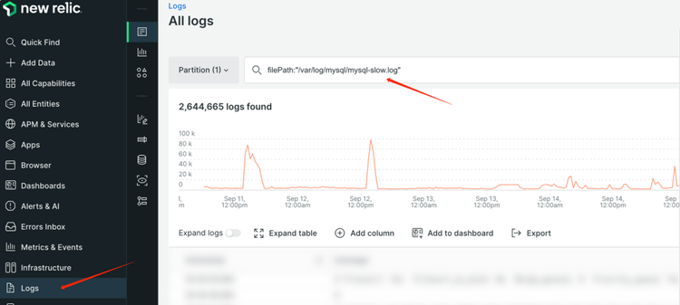 New Relic > Logs > Filter by filePath:"/var/log/mysql/mysql-slow.log"  graphic