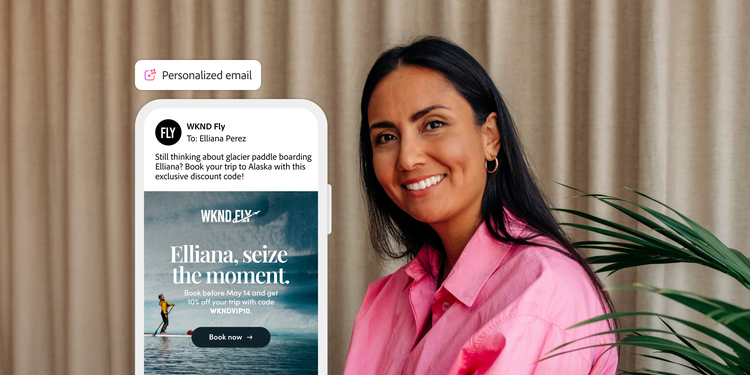 Smiling woman next to personalized email about glacier paddle boarding trip to Alaska.