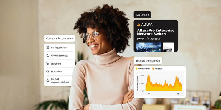 Smiling woman surrounded by ecommerce tools like catalog services, product listing, and business analytics chart.