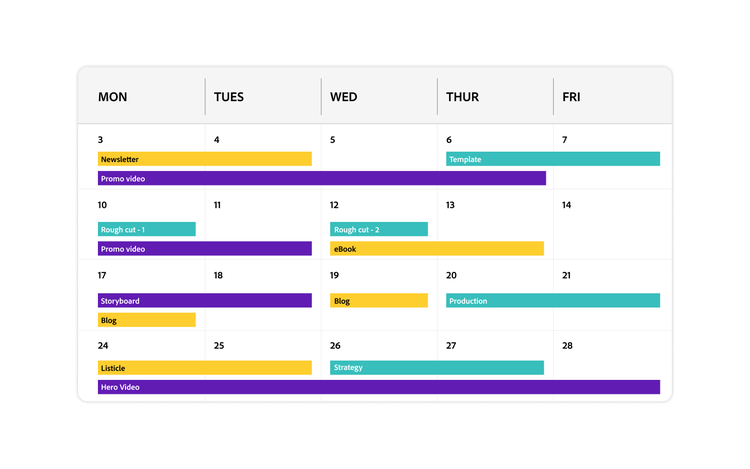 Color-coded weekday calendar showing scheduled tasks like newsletter, blog, promo video, strategy, and production.
