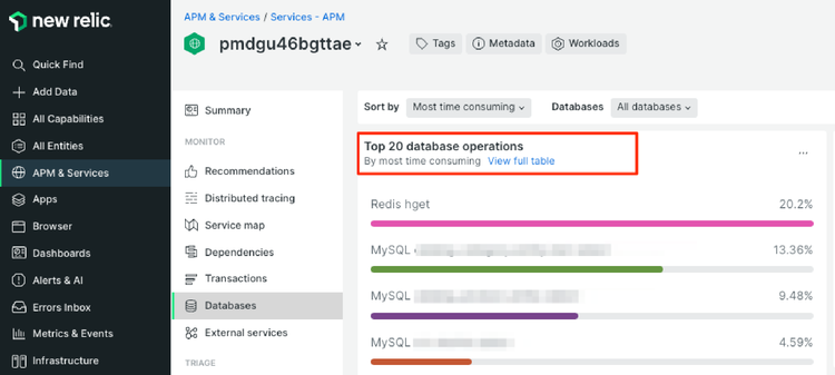 New Relic > APM and Services > Select Environment > Databases > Most time-consuming transactions  graphic