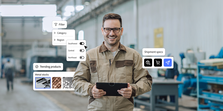 An industrial professional uses a digital interface to manage inventory, track shipments, and filter products.
