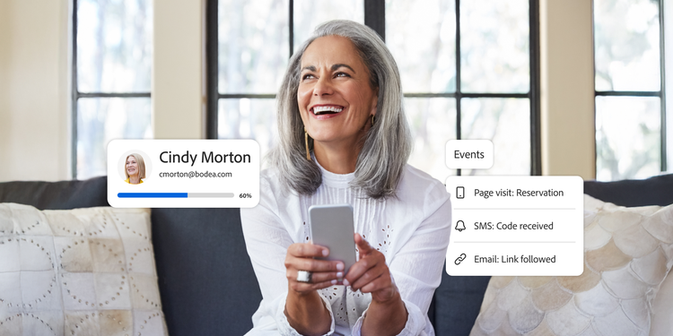 A marketer reviews a unified customer profile showing activity like page visits, booking codes received via SMS, and email engagement.