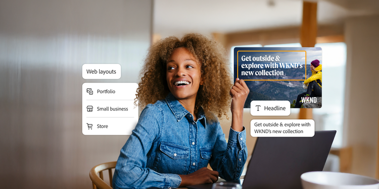 Woman working on a laptop with floating UI elements showing website layout options and a promotional banner example.