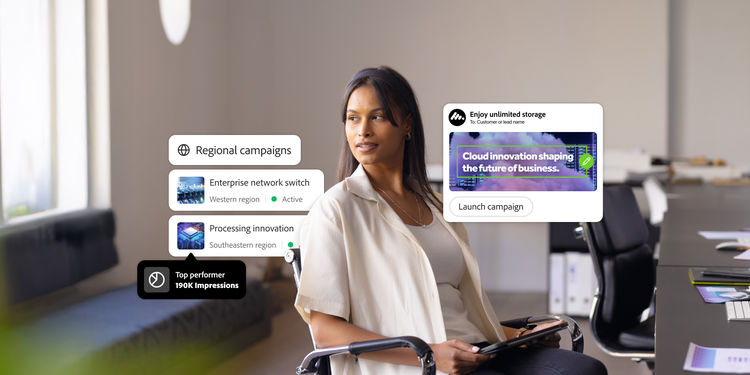 Woman in modern office looks to the side, with overlaid graphics showing regional marketing campaigns, a top performer badge, and a campaign ready to launch.