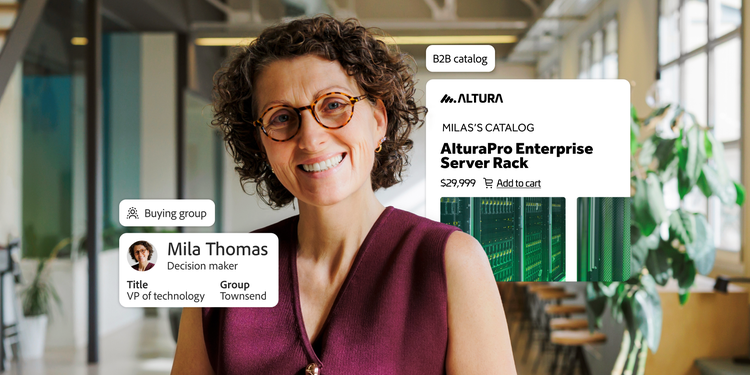 Woman smiling in an office. Overlaid UI elements include a buying group persona and a B2B catalog item.