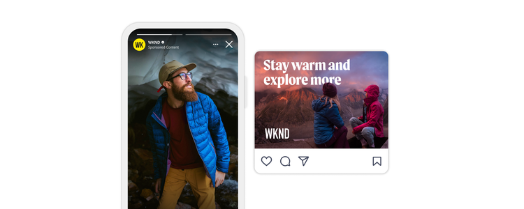 Two ads for WKDN brand, the first has a man hiking and the second has two hikers looking out over a scenic mountain landscape.