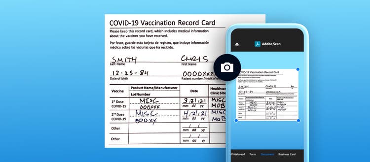 COVID-19 Vaccination record card with Adobe Scan.