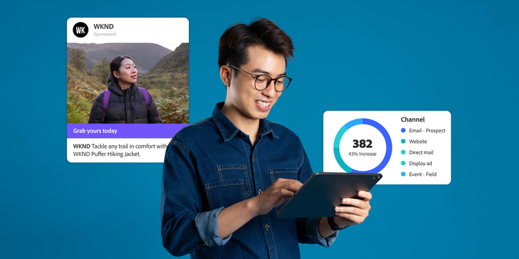 Marketer with mobile device, an ad for WKND brand with an image of a woman hiking, and channel analytics diagram and list that shows a 43% increase in engagement across email, website, direct mail, display ad, and event - field.