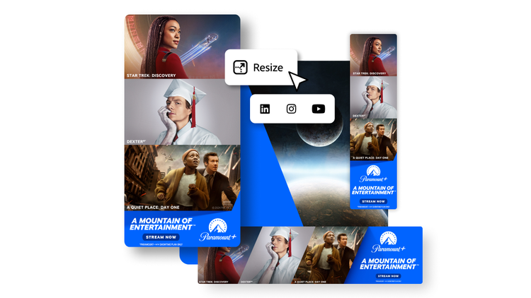 Paramount+ promotional graphics featuring popular shows resized for LinkedIn, Instagram, and YouTube.