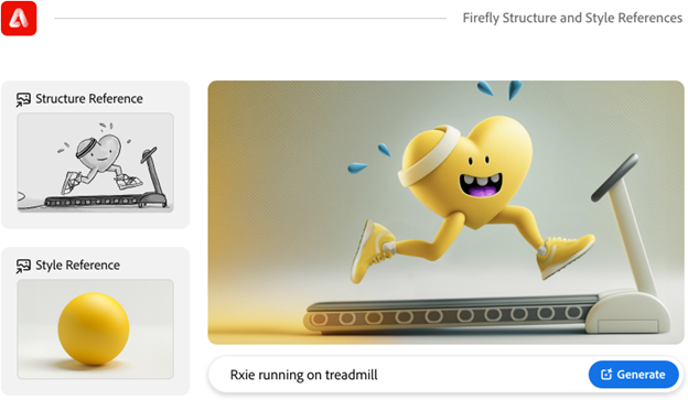 A hand-drawn Rxie character running on a treadmill, a yellow ball for style reference, and an AI generated image of a yellow Rxie on a treadmill created referencing both.