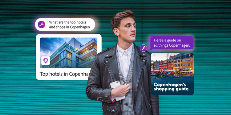 A young man stands against a teal background with an AI question about the top hotels and shops in Copenhagen, and AI responses showing a list of top hotels and presenting a Copenhagen shopping guide.